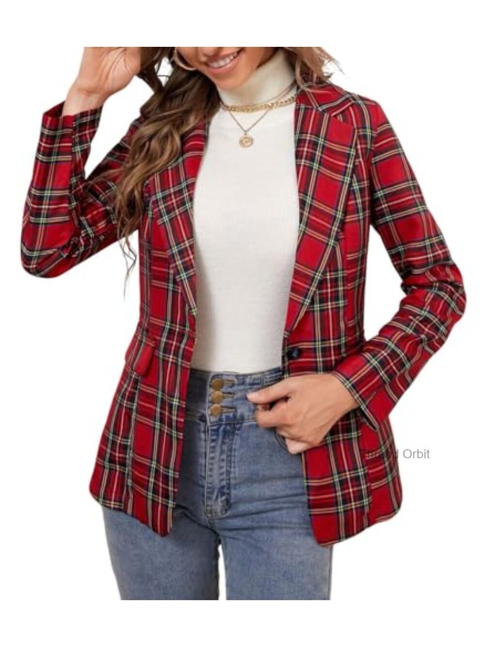 Women's Plaid Blazer Long Sleeve One Button Suit Jacket Casual Office Festive